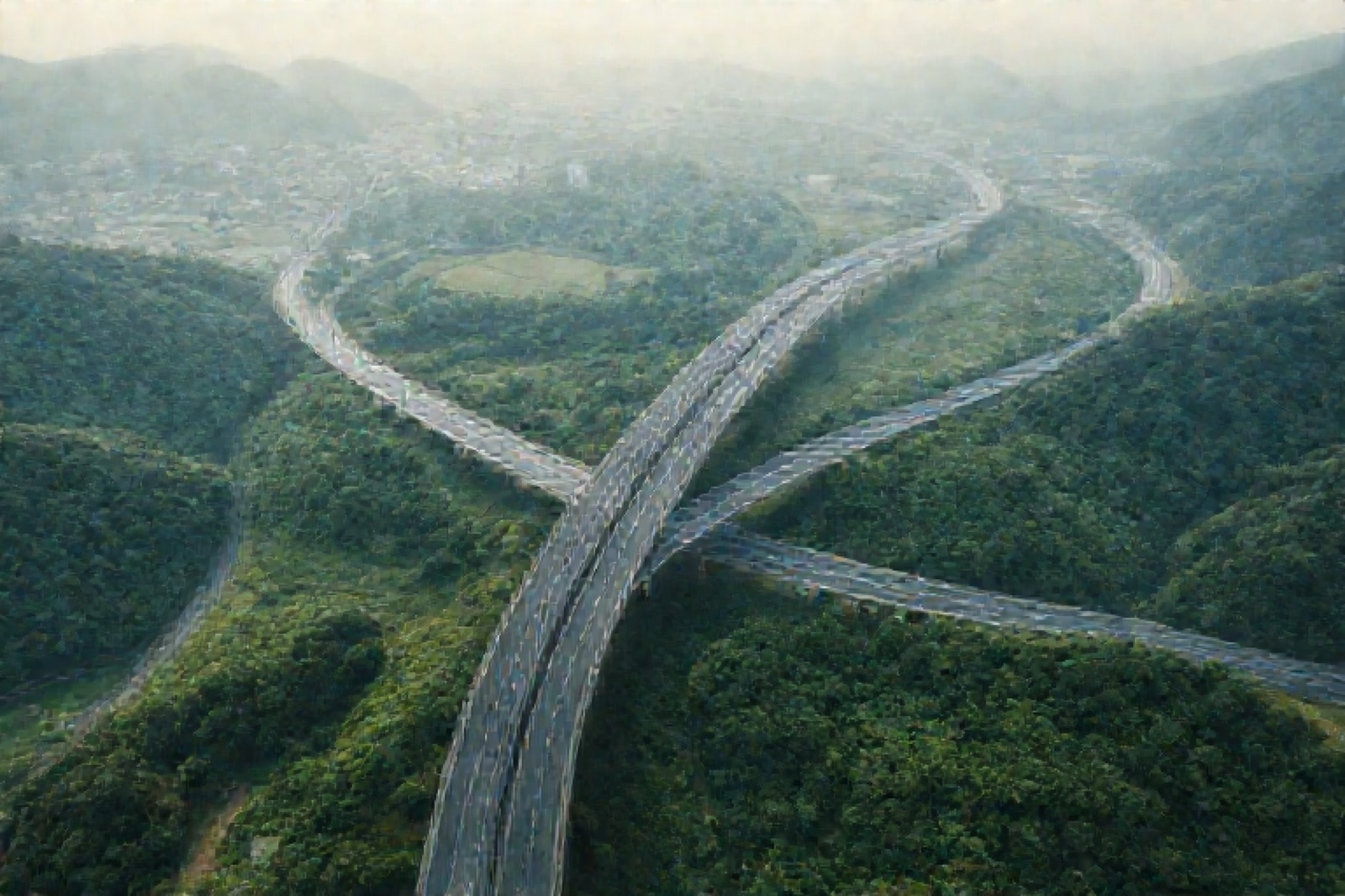 緑の山あいを縫う高速道路のインターチェンジを俯瞰した輸送網のイメージ
